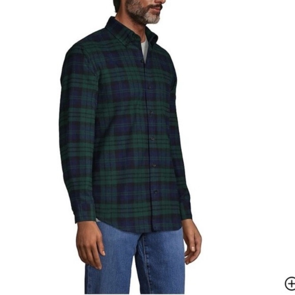 Lands' End NWOT Green & Navy Blackwatch Plaid cotton flannel Button-Up Shirt L